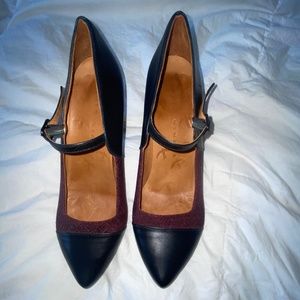 Lovely Chie Mihara Mary Jane Heels Shimmery Maroon and Black Size 8.5